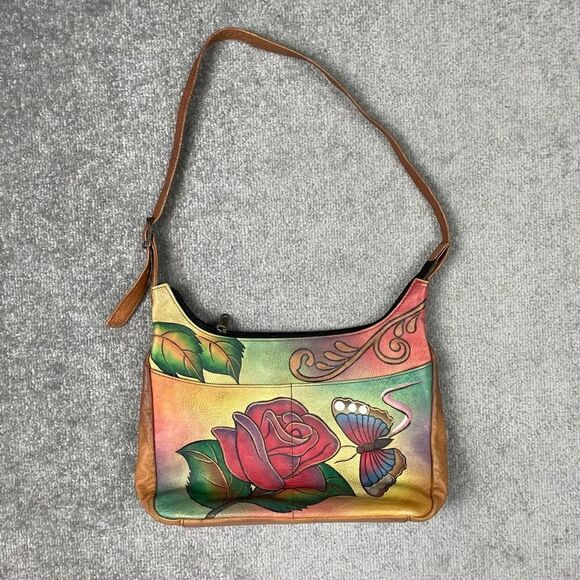 ANUSCHKA Shoulder Bag Purse Leather Hand-Painted Butterfly Floral Print Brown - Picture 1 of 7
